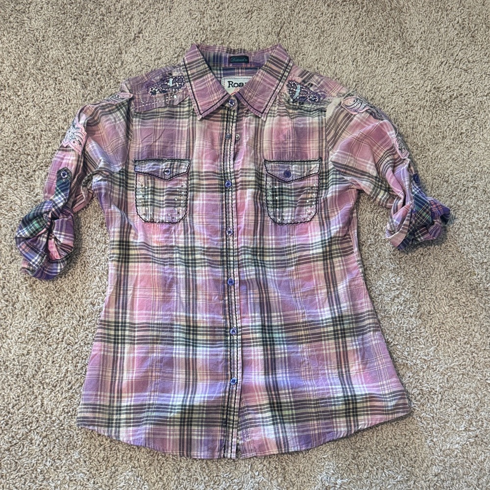 Roar Kids Plaid Button-Down Shirt - Pink and Purple